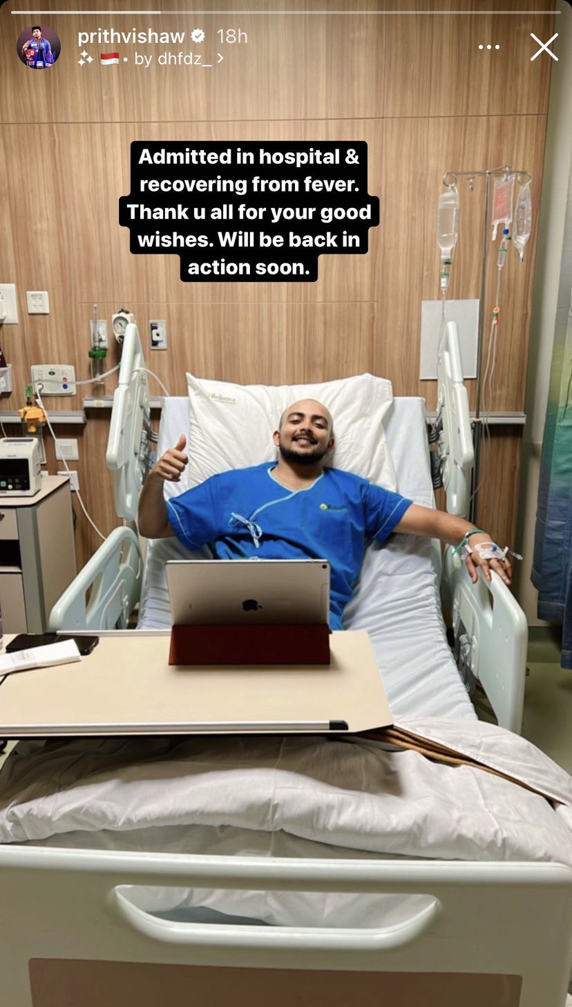 Delhi Capitals' dashing opener Prithvi Shaw hospitalized as he came down with a high fever ahead of his team's group stage clash against CSK.