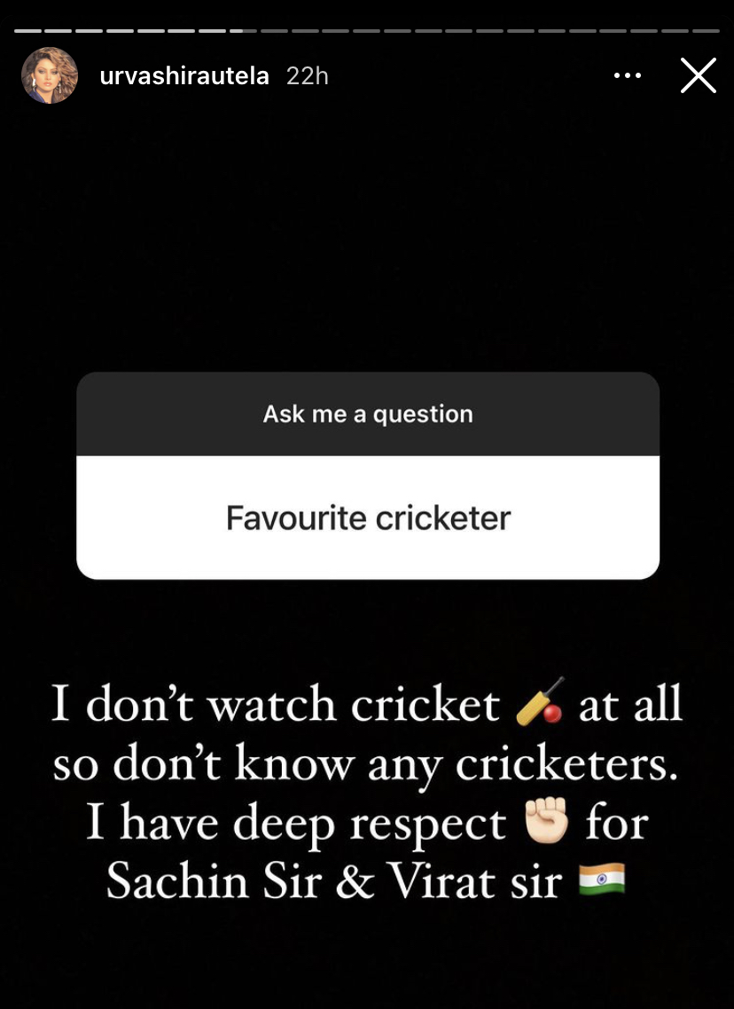 Bollywood actress started the 'Q & A' session on her Insta. Meanwhile, Urvashi shocked the fans while answering about her favourite cricketer.