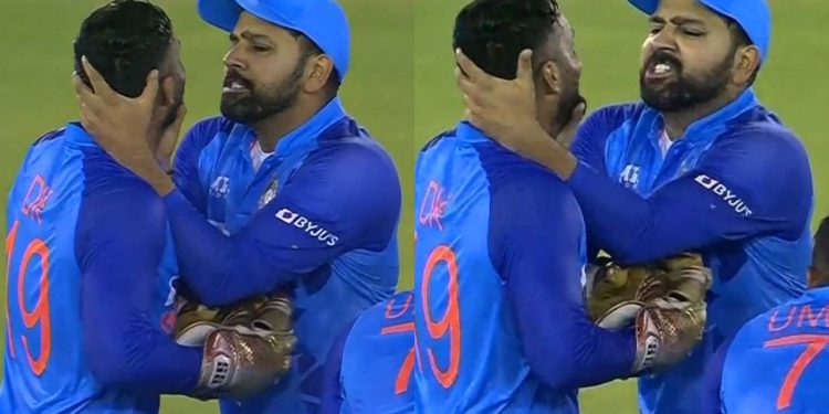 Rohit Sharma grabbing Dinesh Karthik’s neck