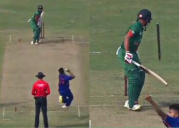 Umran Malik sends Shanto's stump for a walk with a 151 KMPH delivery.