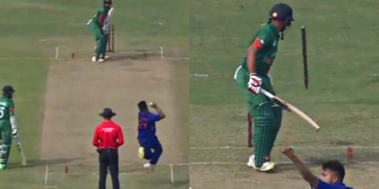 Umran Malik sends Shanto's stump for a walk with a 151 KMPH delivery.