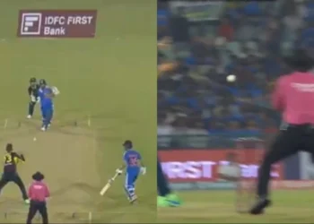 Jitesh Sharma's shot hits Umpire